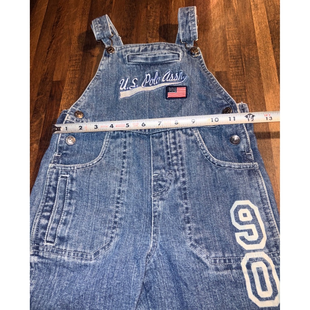 US Polo Assn Kids Denim Shortalls Blue Overalls 4T USA Flag 90 Graphic Vintage - Picture 3 of 7